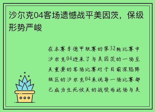 沙尔克04客场遗憾战平美因茨，保级形势严峻