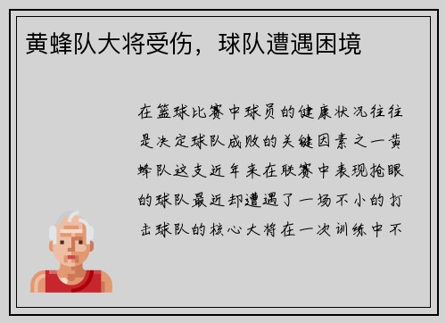 黄蜂队大将受伤，球队遭遇困境