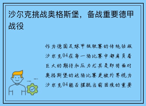 沙尔克挑战奥格斯堡，备战重要德甲战役